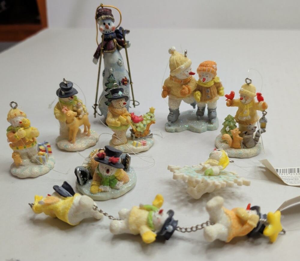 Russ Berrie Ice Sculptures Snowman Lot (9) Vintage Miniature Christmas Ornaments